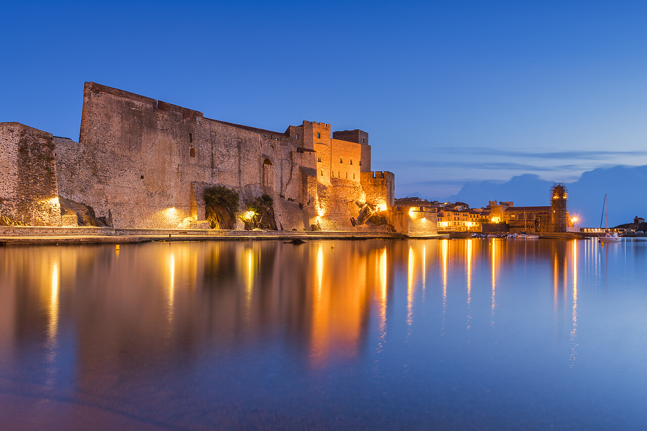 #220601-1 - Royal Castle of Collioure at Night Reflecting in Bay, PyrÃ©nÃ©es-Orientales, France