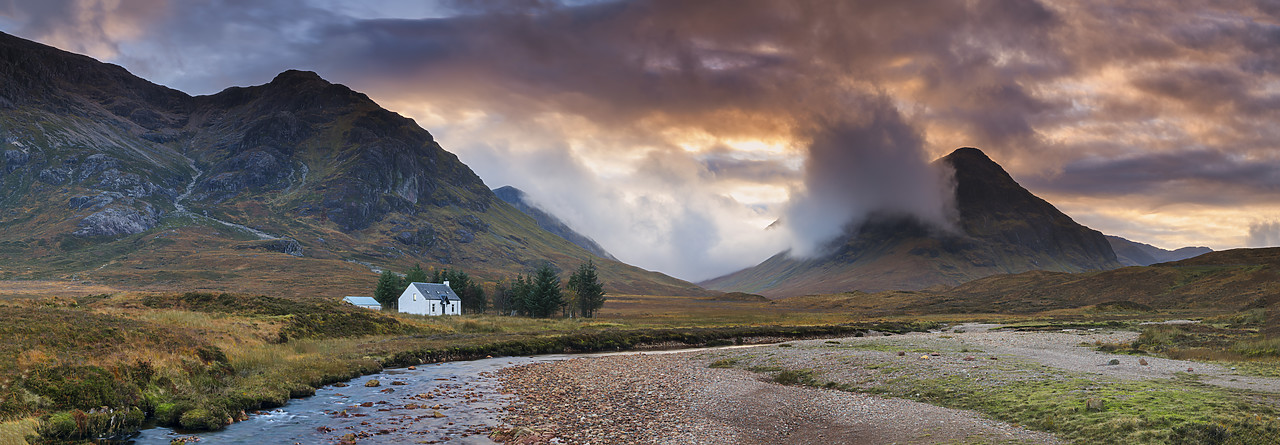 #400270-1 - Lone White Cottage by River Coupall at Sunset, Glen Coe, Highlands, Scotland