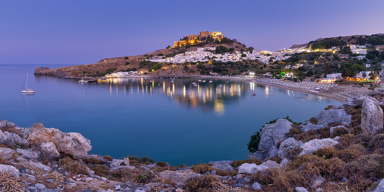 #410282-1 - Lindos Acropolis & Megali Paralia Beach at Night, Rhodes, Dodecanese Islands, Greece