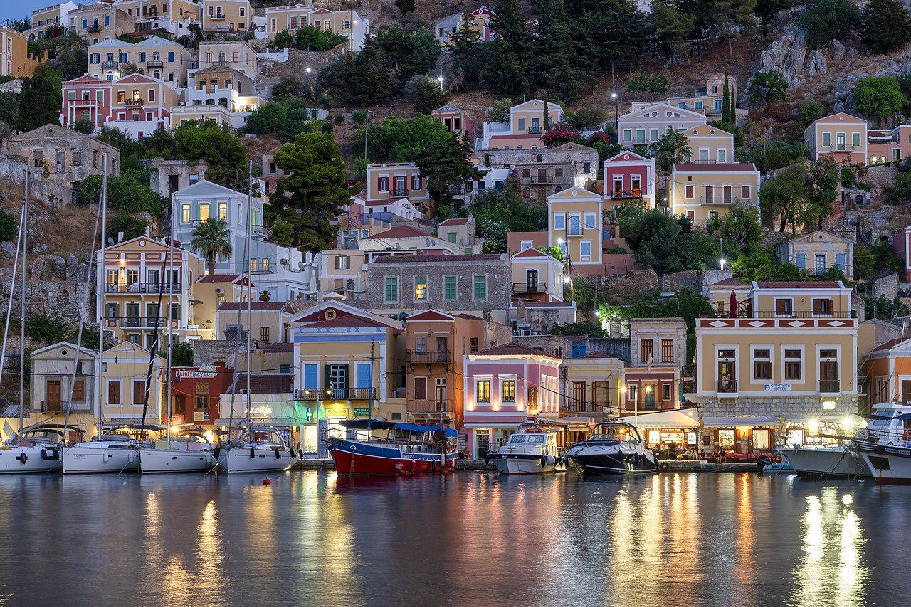 #410323-1 - Colourful Houses of Gialos Harbour at Night,  Symi Island, Dodecanese Islands, Greece