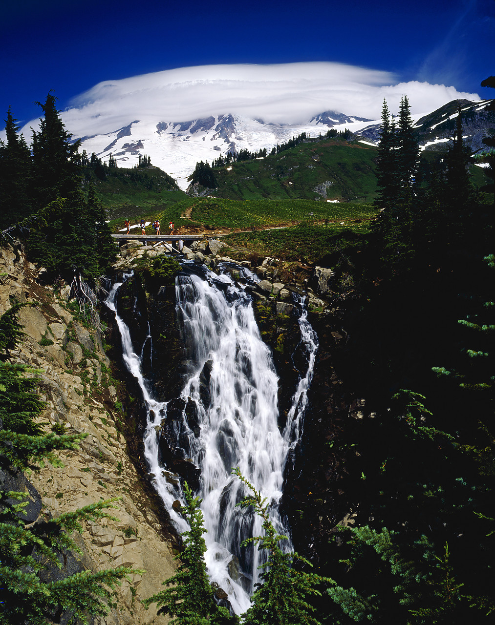 #83199-1 - Hikers crossing Edith Creek Falls, Paradise Meadow, Mt. Rainier National Park, Washington, USA