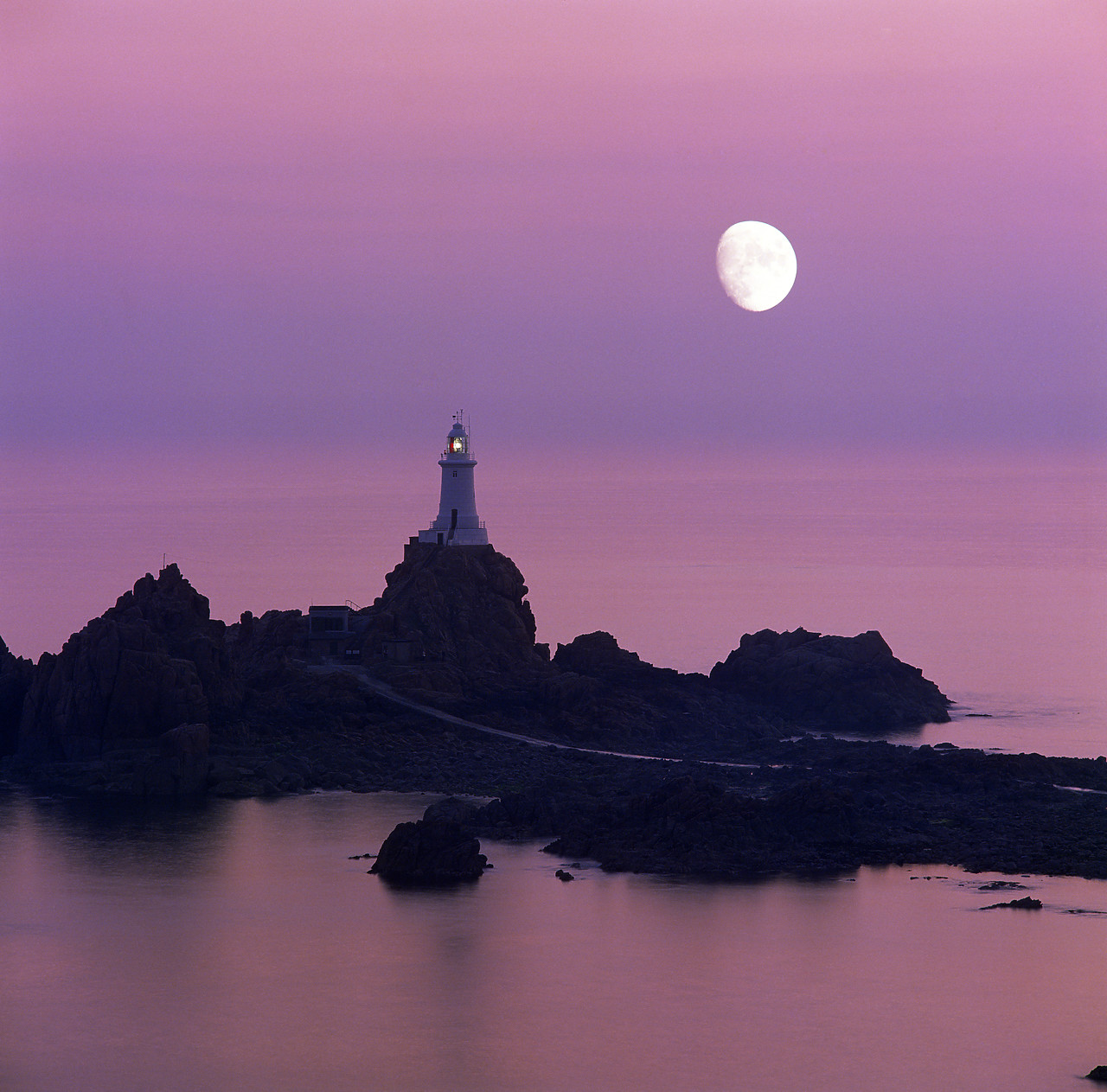 #924042-2 - Moon over Cobiere Lighthouse, Jersey, Channel Islands